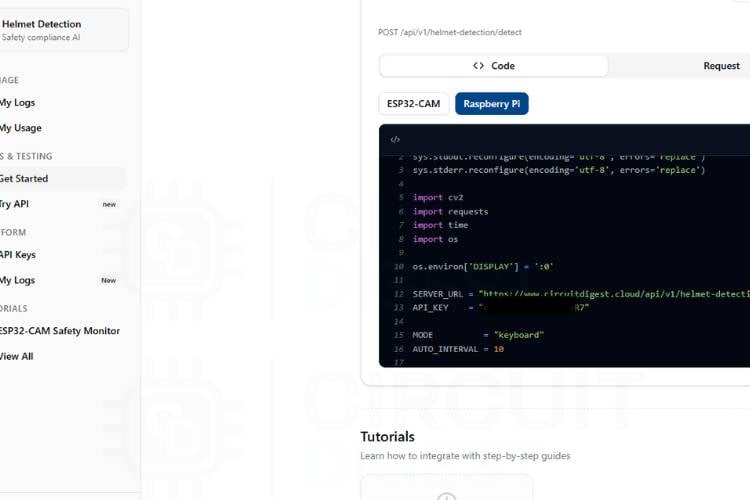 Python code for Raspberry Pi helmet detection system shown in Thonny IDE with API key field highlighted
