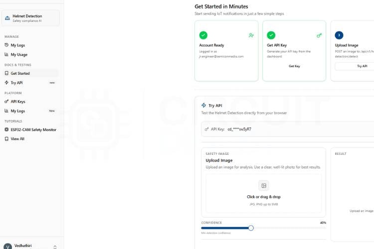 CircuitDigest Cloud Try API section with confidence threshold slider for helmet detection