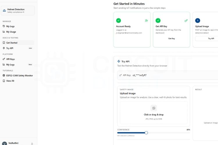 CircuitDigest Cloud Try API interface for helmet detection showing confidence slider and result panel