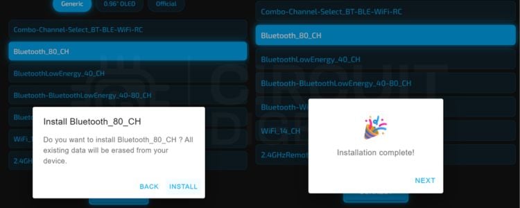 Screenshot showing successful firmware installation confirmation for ESP32 Bluetooth jammer