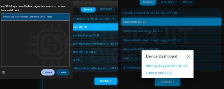 Screenshot showing COM port selection and Install button for ESP32 Bluetooth jammer firmware flashing