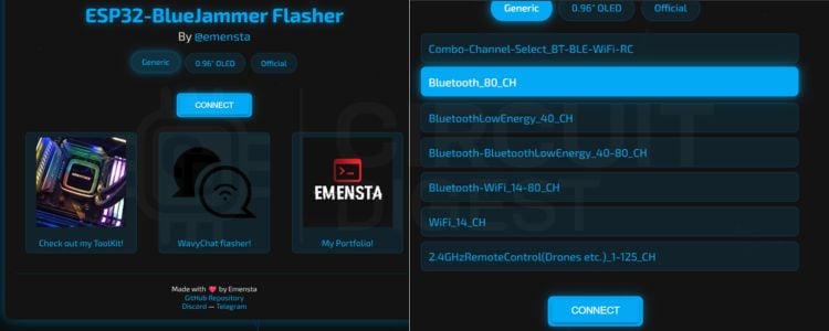 Screenshot showing how to select the correct Bluetooth_80_CH firmware on the ESP32 Bluetooth jammer web flasher page
