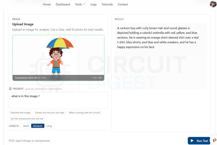CircuitDigest Cloud AI Vision Analyst image-to-text API demo for the ESP32 CAM wearable assistant