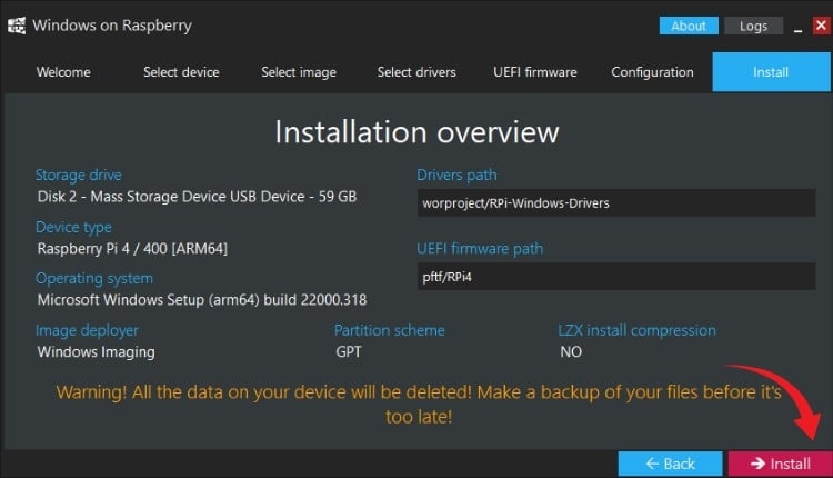WoR Imager installation overview showing all settings before flashing Windows 11 to Raspberry Pi