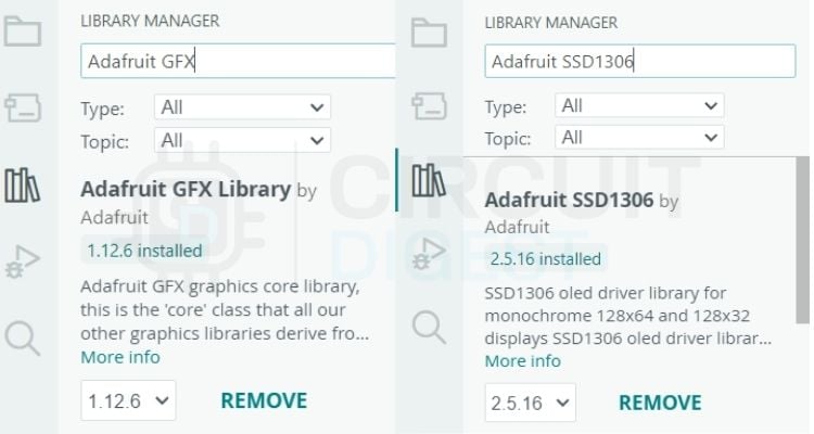 Installing Adafruit_GFX and Adafruit_SSD1306 libraries in Arduino IDE Library Manager for ESP32 speech to text OLED display
