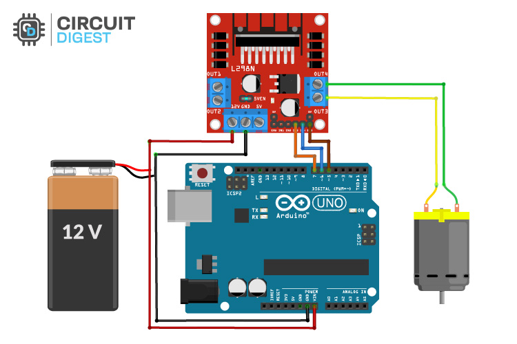 Circuit Diagram for interfacing the L298N Motor Driver with Arduino: