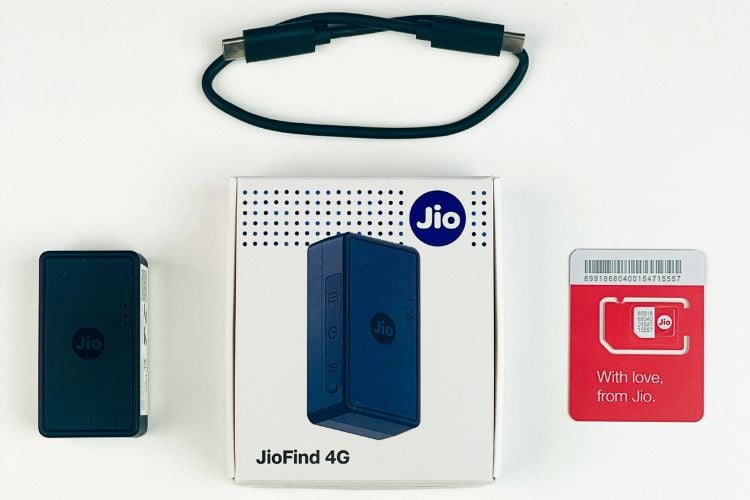 JioFind 4G unboxing accessories: USB Type-C cable, SIM card, and Velcro sticker