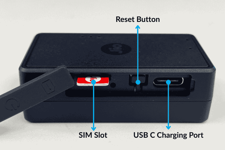 JioFind 4G side view showing USB Type-C port, Nano SIM slot, and power button