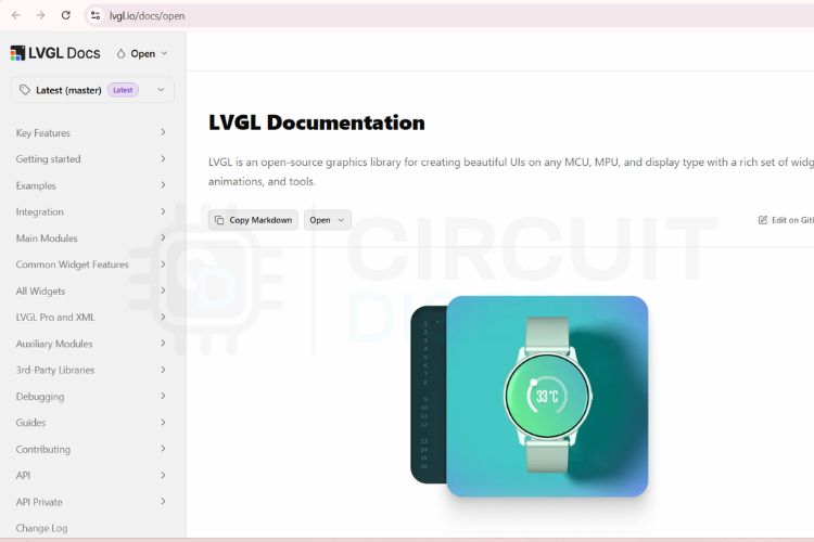LVGL official documentation website showing widget library and example gallery for Arduino and ESP32 projects