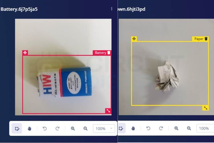 Edge Impulse image labelling process for waste types — Paper, Plastic, Cardboard, and Battery — used to train the smart waste segregation model