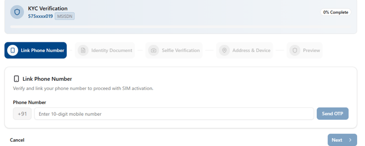 KYC Link Phone Number Screen