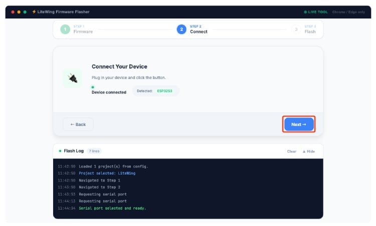 LiteWing Firmware Flasher Device Connect Screen