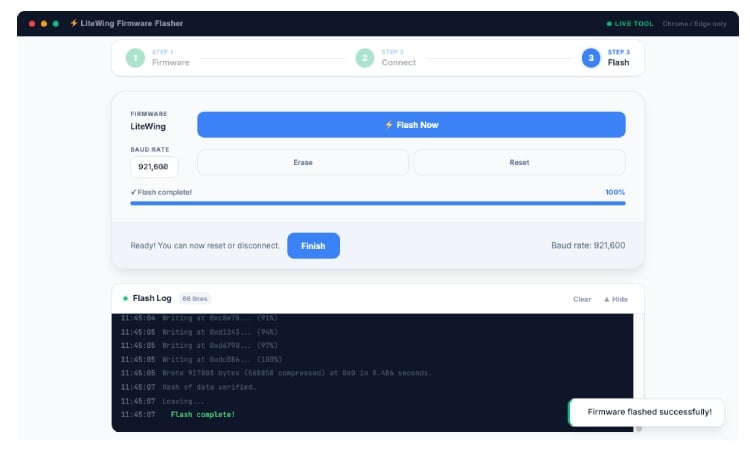LiteWing Firmware Flashing Finished