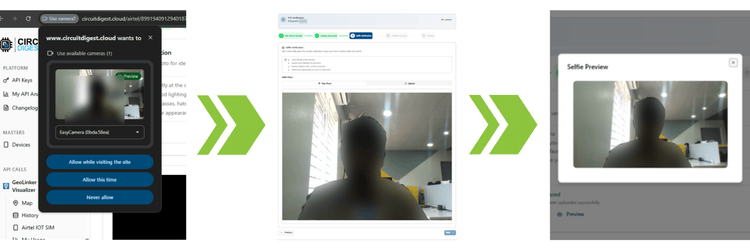 KYC Selfie Verification Process Showing Camera Access Live Capture And Preview Steps