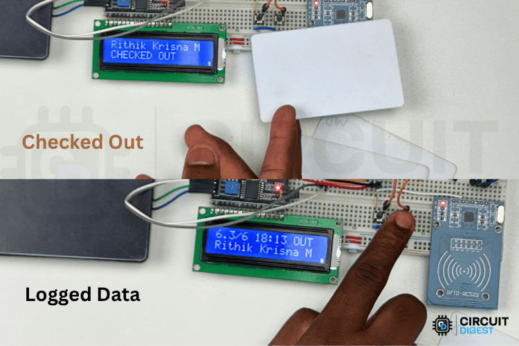 Employee check-out confirmation showing updated count on Arduino RFID system
