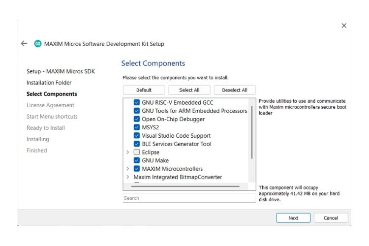 MAXIM Micros SDK Installer – Component Selection Step