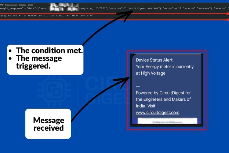 SMS alert notification demonstration showing high voltage alert message received on mobile phone from IoT smart energy meter system