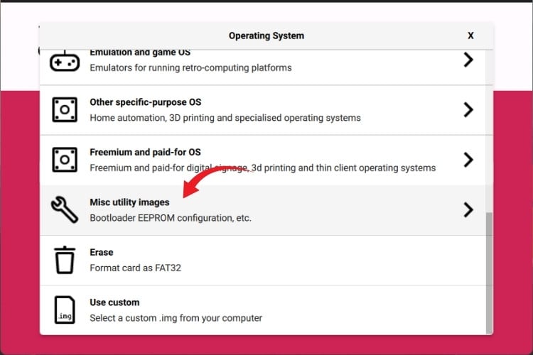 Navigating to misc utility images in Raspberry Pi Imager for bootloader selection