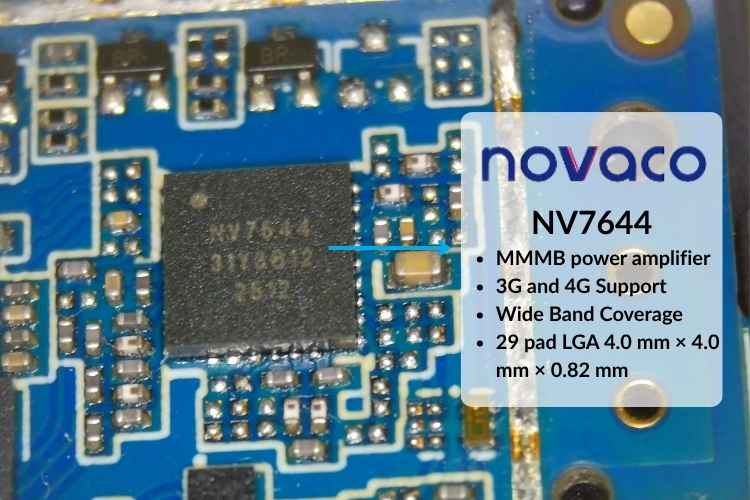 Novaco NV7644 power amplifier module on the JioFind 4G PCB