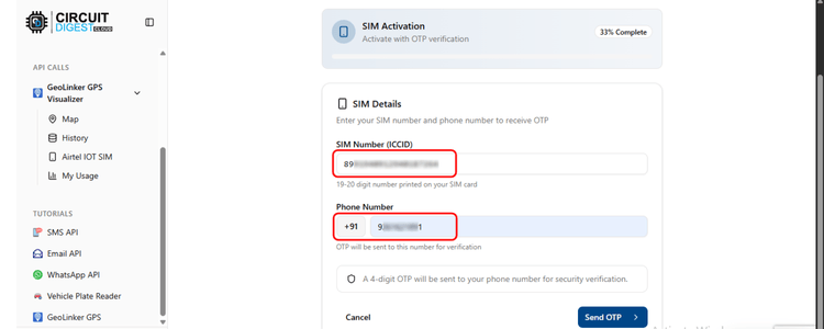 GeoLinker GPS Visualizer Dashboard Showing SIM Activation Screen Optionslizer Dashboard Showing SIM Activation Page