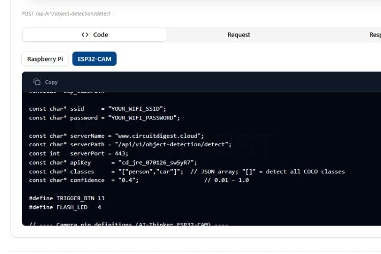 CircuitDigest Cloud dashboard showing auto-generated ESP32-CAM object detection Arduino code ready to copy