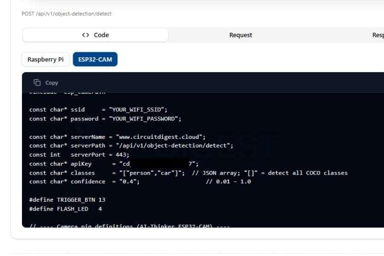 CircuitDigest Cloud dashboard showing auto-generated ESP32-CAM object detection Arduino code ready to copy