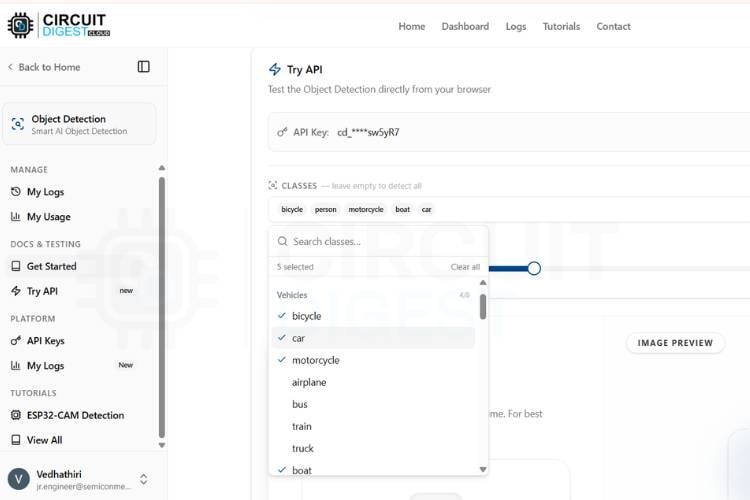 CircuitDigest Cloud object detection feature showing class selection panel with 75+ categories