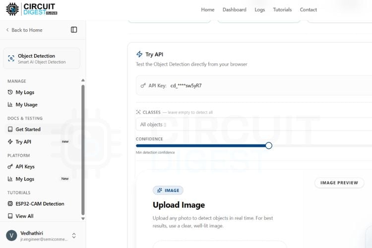 CircuitDigest Cloud Object Detection Try API section showing confidence threshold slider and API configuration options