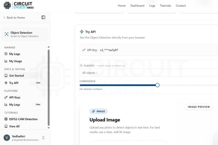 CircuitDigest Cloud Try API section showing confidence slider and object detection controls