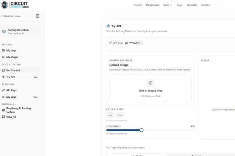 CircuitDigest Cloud parking detection Try API panel with image upload and Run Test button visible