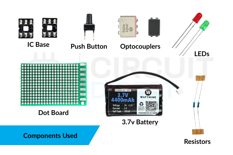 Components required to build the DIY optocoupler tester circuit on a dot board