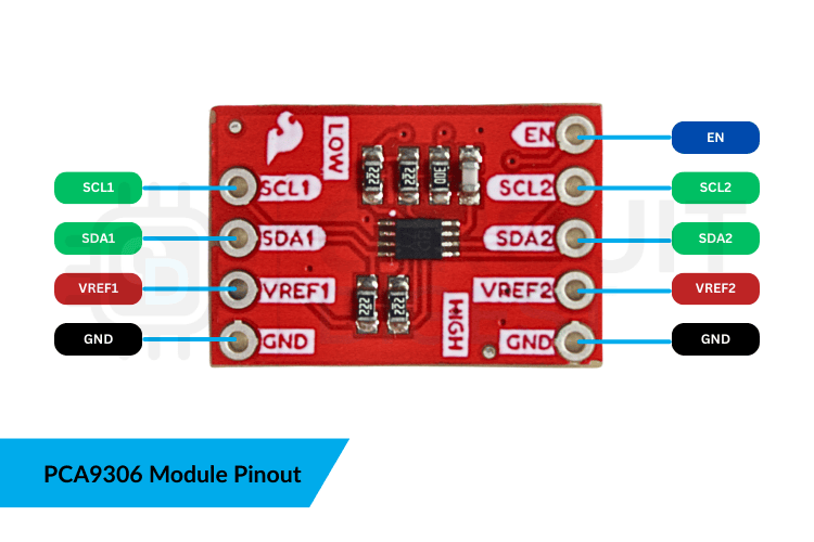 PCA9306 level shifter module pinout diagram showing VREF1, VREF2, SCL1, SDA1, SCL2, SDA2, GND, and EN pins for interfacing with Arduino UNO