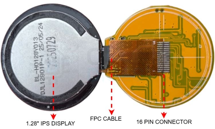 ESP32-2424S012C PCB bottom layer showing 16-pin FPC connector and metallic backlight shield