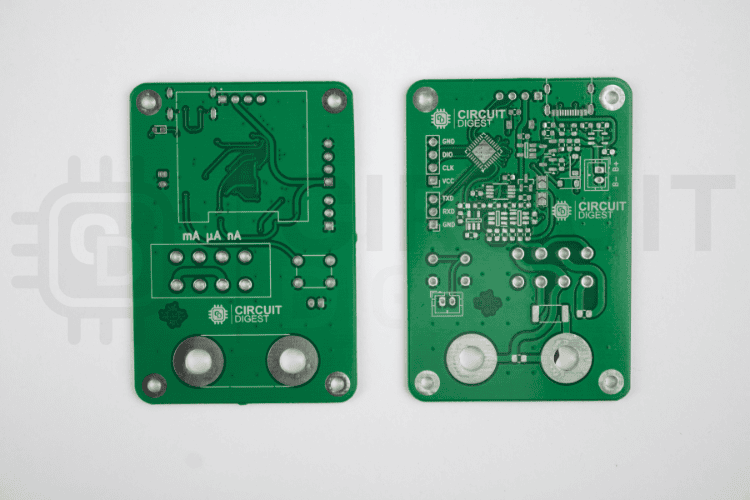 Manufactured PCBs for precision digital micro current meter showing professional fabrication quality with clear silkscreen markings