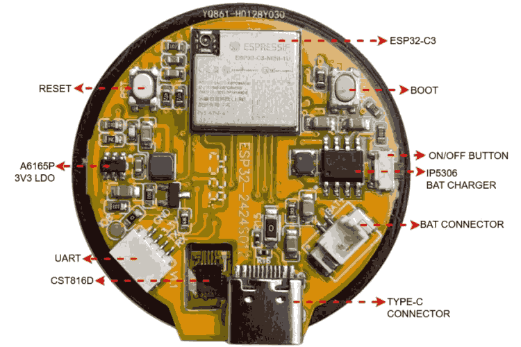 ESP32-2424S012C PCB top layer with ESP32-C3, IP5306 battery charger, AO3402 MOSFET, A6165P LDO, and connectors labelled