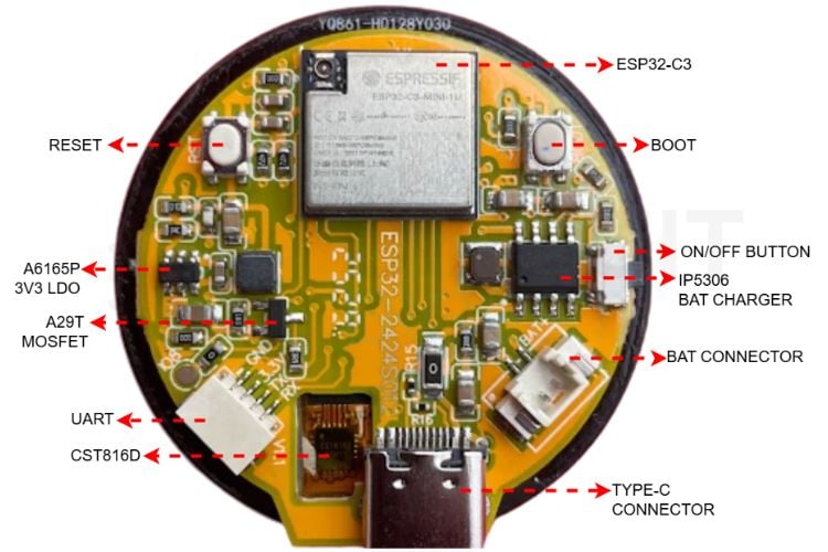 ESP32-2424S012C PCB top layer with ESP32-C3, IP5306 battery charger, AO3402 MOSFET, A6165P LDO, and connectors labelled