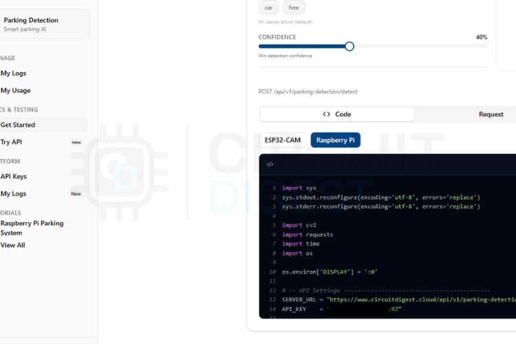 Python code for Raspberry Pi parking space detection project shown in Thonny IDE