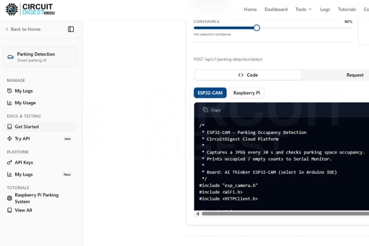 Arduino IDE with ESP32-CAM parking space detection firmware showing WiFi credentials and CircuitDigest Cloud API key configuration