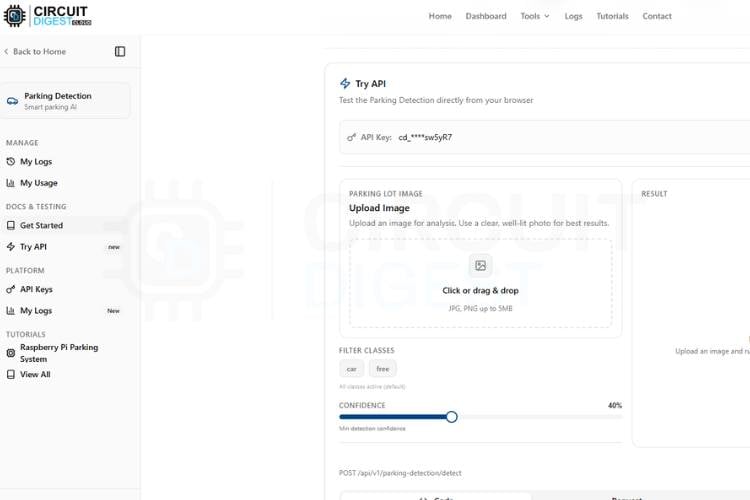 CircuitDigest Cloud Try API section with confidence threshold slider for parking space detection