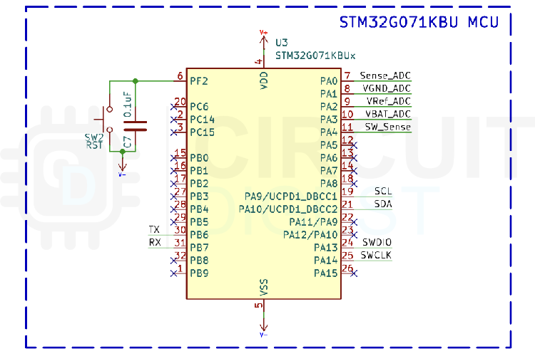 STM32G071KBU microcontroller connections showing ADC inputs PA0-PA3, I2C interface for OLED display, SWD programming pins, and battery monitoring circuit