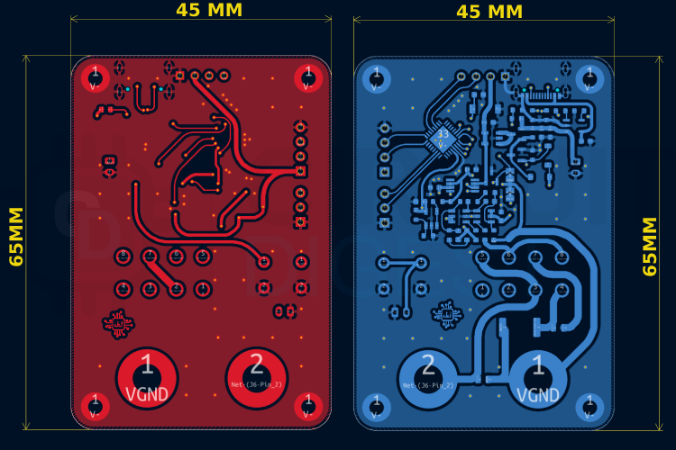 Top and bottom PCB layers of digital micro amp meter showing component placement, copper traces, and ground planes optimized for low-noise analog measurements