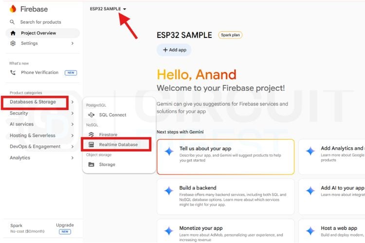 Firebase project overview dashboard after project creation