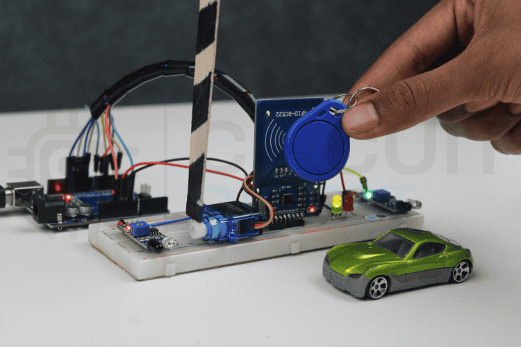 Complete assembled automatic toll gate system project using Arduino with breadboard connections