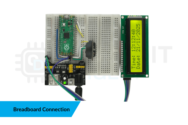 Breadboard connection of interfacing DS323 RTC module with Raspberry Pi Pico