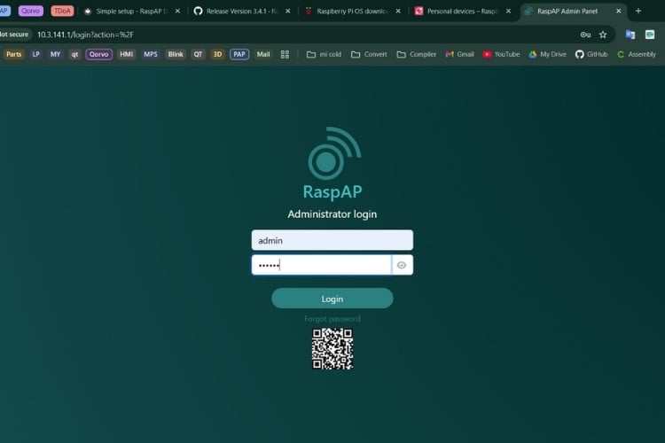 RaspAP web interface login screen for Raspberry Pi router administration