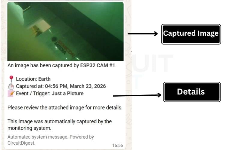 Smartphone screen showing WhatsApp message received from ESP32-CAM with captured image and event details