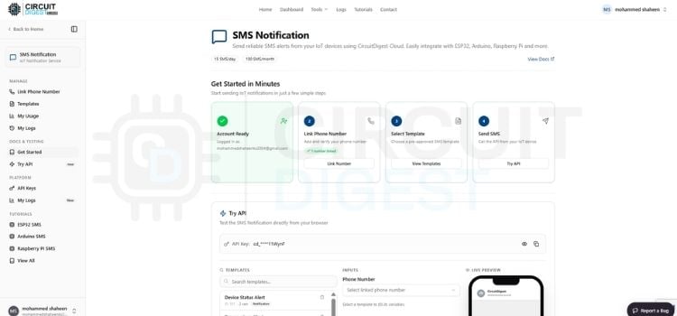 Linking mobile number to CircuitDigest Cloud SMS API for IoT indoor weather monitoring alerts