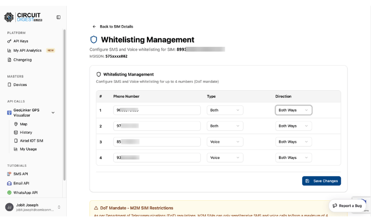 Whitelisting Management Screen Showing SMS And Voice Number Configuration