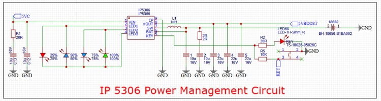 circuit shows IP5306 ic used for charging battery and providing constant 5V Supply