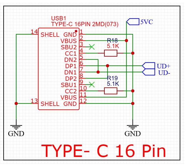 16 pin Type-C Port for programming and powering the device